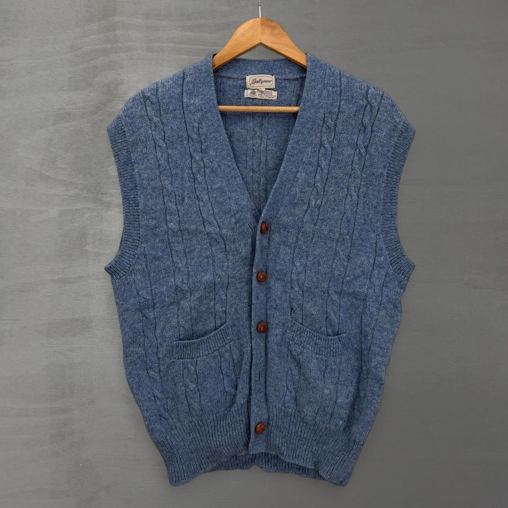 Vintage Ballymoor Sweater Vest Blue Cable Knit Virgin Wool Button Front Large